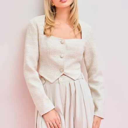 CIDER Women's Elegant Classic Versatile Tweed Square Neck Crop Jacket