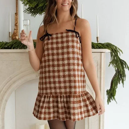 Velvet Bow Trim Tweed Mini Dress