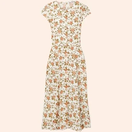 $218 Reformation Fauna Dress Foliage White Orange Floral Midi Button 2