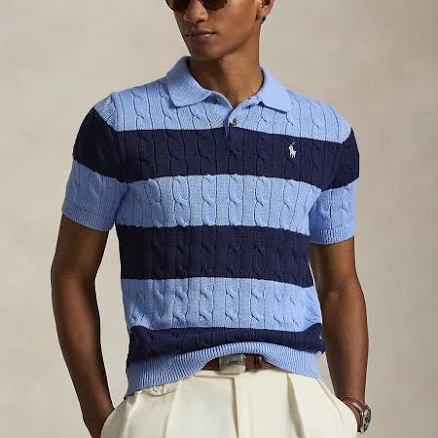Ralph Lauren Men's Cable-Knit Striped Polo Sweater