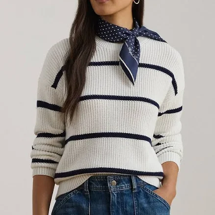 Ralph Lauren Women's Striped Rib-Knit Cotton Crewneck Sweater