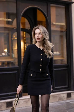 Gaâla Harmony Tweed Two Piece Formal Jacket Mini Skirt Set Italian Cotton Tailored Scoop Neck