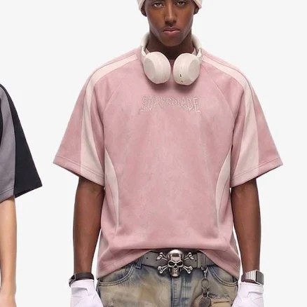 Suede Panel Embroidered T-Shirt