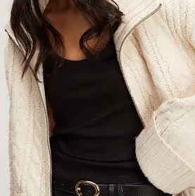 OAK + FORT High-Neckline Cable Knit Zip-Up Cardigan