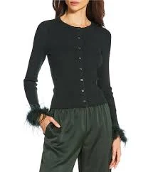 Gianni Bini Farrah Feather Trim Crewneck Long Sleeve Sweater Cardigan