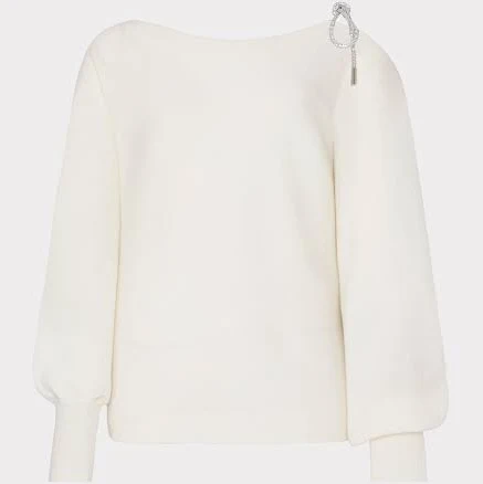 MILLY Ida Crystal Bow Cold Shoulder Sweater