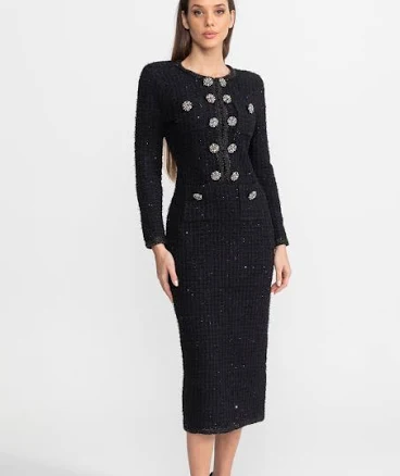Textured Tweed Midi Dress with Crystal Button