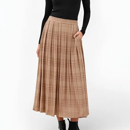 Modenaire Women's Plaid Pleated Maxi Skirt