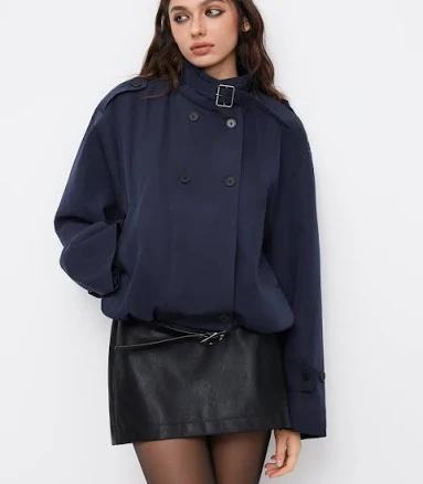 Woven High Neck Double Breasted Belted Oversized Coat