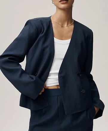 Collarless Cropped Blazer Jacket by Maeve in Blue, Size: XL at Anthropologie