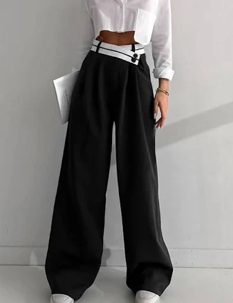 Asymmetrical contrast waistband wide leg dress pants