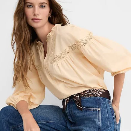 Loft Women's Lace Trim Pintucked Ruffle Collar Blouse