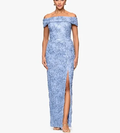XSCAPE Women's Petite Straight Neck Off-The-Shoulder Maxi Dress