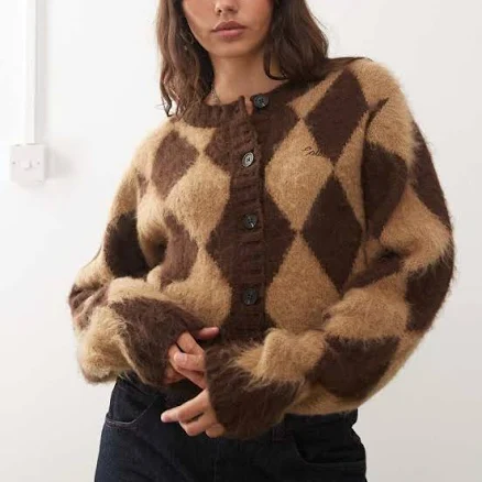 COLLUSION Argyle Knit Fluffy Cardi