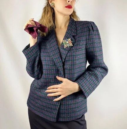 Vintage Women Wool Blazer Jacket Plaid Size M Lantern Sleeve Boucle