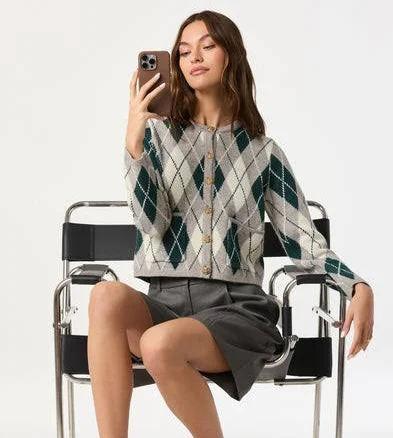 Astr The Label Women's Argyle Long Sleeve Cardigan