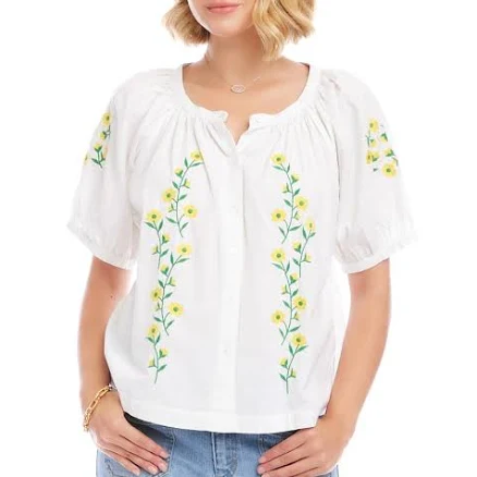 Karen Kane Women's Floral Embroidered Cotton Peasant Top