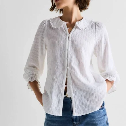 Quince Women's Embroidered Cotton Ruffle Collar Long Sleeve Blouse