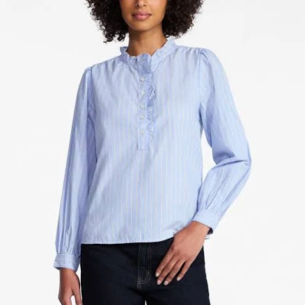 Time and Tru Women's Ruffle Neck Long Sleeve Cotton Shirt