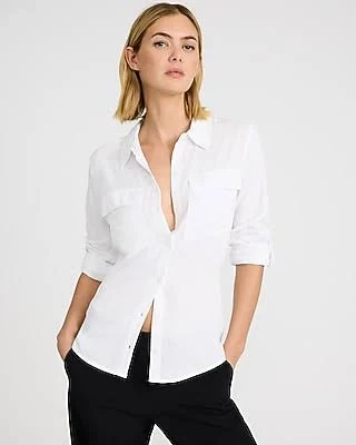 Express Women's Twill Double Flap Pocket Rolled Sleeve Utility Shirt
