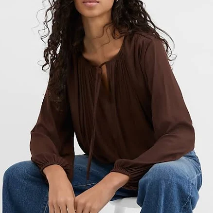 Loft Women's Petite Shirred Tie Neck Bubble Blouse