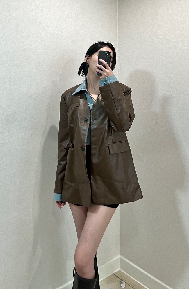 페이크 크롭 셔츠 레이어링 오버핏 레더 자켓