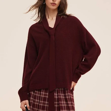 Wool Blend V-Neck Knit Top with Ribbon