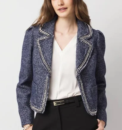 White House Black Market Women's Tweed Jacket with Chain Trim