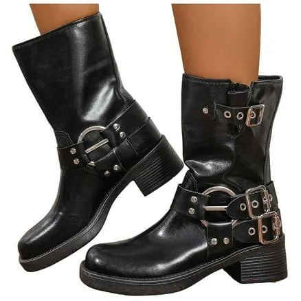 Women's Studded Punk Square Toe Mid Calf Motorcycle Riding Boots