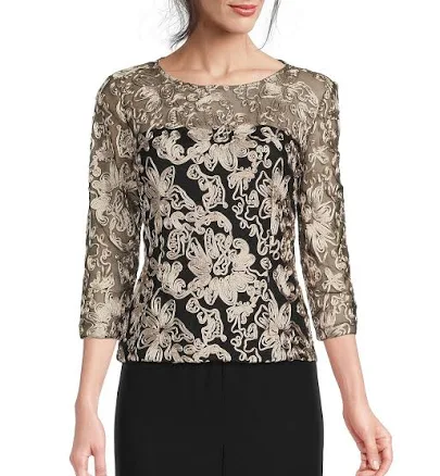 Womens Alex Evenings 3/4 Sleeve Stretch Tulle Blouse with Embroidered Detail and Illusion Neckline