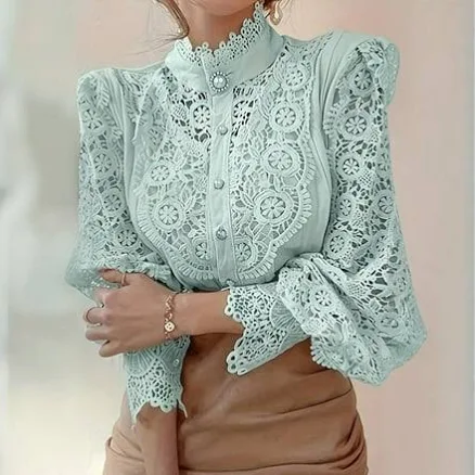 Victorian-Inspired Lace Semi-Sheer Blouse with Pearl Accents
