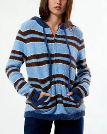 Daisy Street Women's Fluffy Knit Striped Zip Up Hooded Sweater