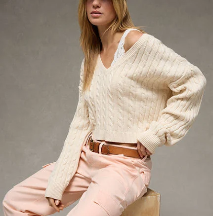 AE Women's Cropped Cable Knit V-Neck Sweater