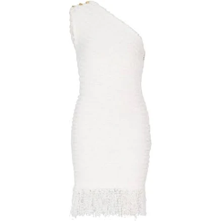 Balmain One-Shoulder Dotted Tweed Dress