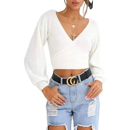Lomon Women's Knitted Cross Wrap Front Crop Sweater