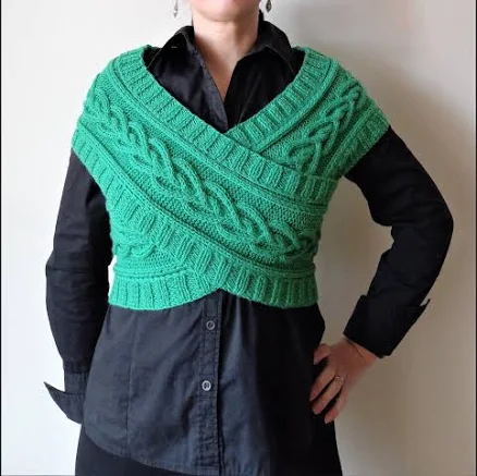 Crossover wrap knitting pattern, Women's cable vest convertible to infinity scarf or hooded cowl, Instant download pdf pattern with photos