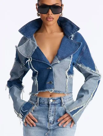 Fashion Nova Women's Cropped Patchwork Denim Blazer