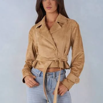 Oh Polly Cropped Faux Suede Belted Jacket