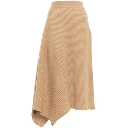 Asymmetric Ribbed Cashmere Midi Skirt In Peanut Butter Mel