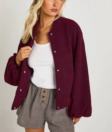 Boohoo Wool Look Balloon Sleeve Bomber Jacket