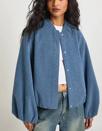 Boohoo Women's Wool Look Balloon Sleeve Bomber Jacket
