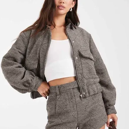 4th & Reckless wool feel pocket detail contrast collar balloon sleeve bomber jacket in brown herringbone check - part of a set
