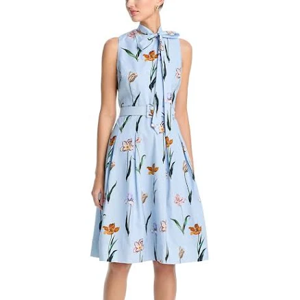 Teri Jon Women's Cotton Print Tie Neck Dress