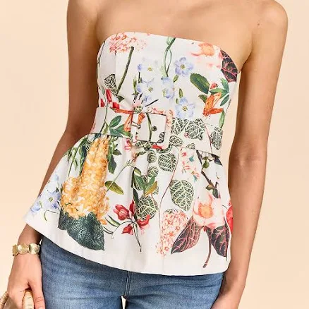 Floral Print Strapless Peplum Top with Belt