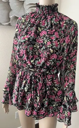 Misa Los Angeles Belted Sheer Chiffon Floral Print Ruffle Blouse Fairy
