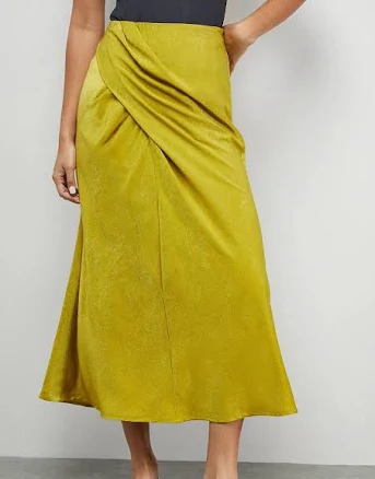 Warehouse Women's Crushed Satin Drape Front Bias Midi Skirt