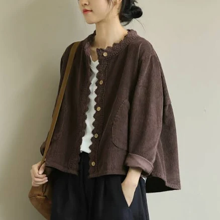 Women Corduroy Blouse Shirt Coat Jacket Top Lace Button Loose Casual