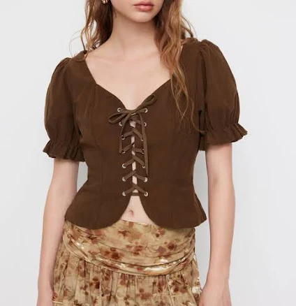 Corduroy Sweetheart Neck Puff Sleeve Lace Up Ruffle Trim Blouse
