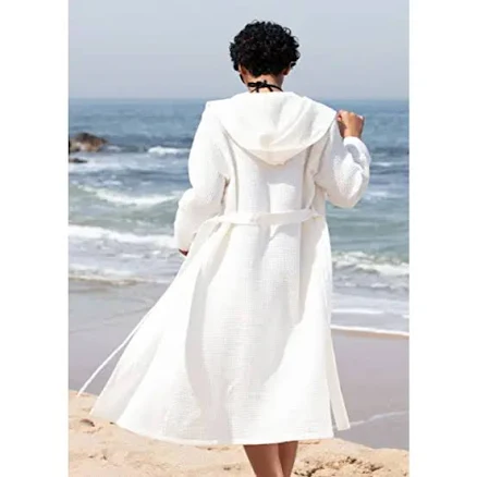 Off-White Cotton Blend Bathrobe with Pockets and Hood, SEYANTE, Size L