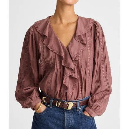 Madewell Women's Lace-Insert Ruffled Pintuck Long-Sleeve Top